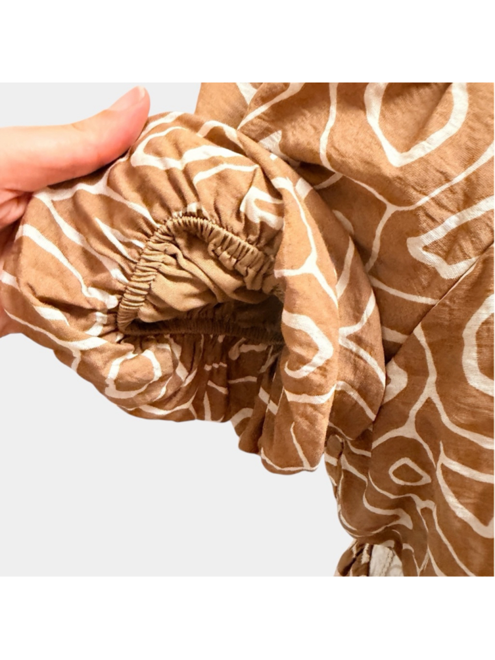 Boho Cutout Mini Dress Brown Abstract Print Puff Sleeve Festival L - Picture 9 of 16